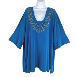 Susan Graver Style Top Women's P3X Blue Solid Gold Beaded Stretch‎ NWT TP-1912